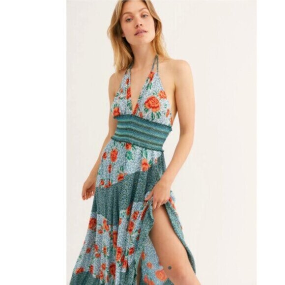 NWT Free People Pleated Halter Sundress in Blue and Orange Midi Dress - Picture 5 of 16